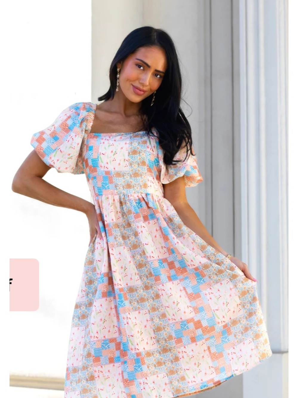 Patchwork Midi Dress with Puff Sleeves womens medium The Gemma dress